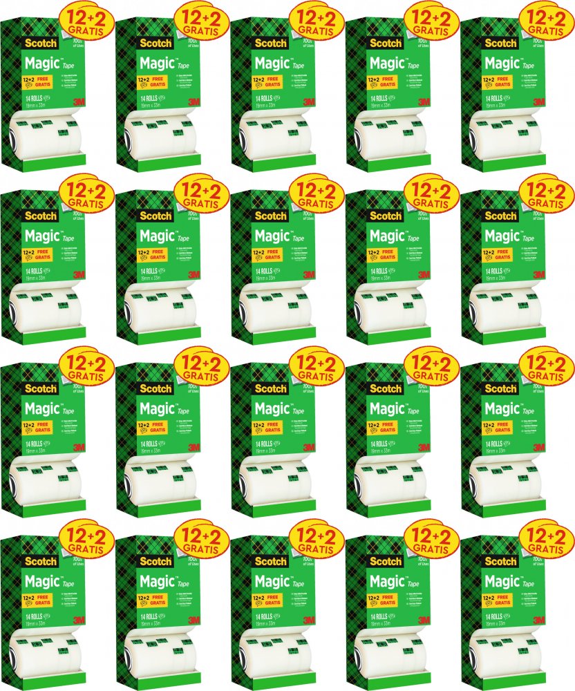 20x Taśma klejąca Scotch Magic (8-1933R14 TPR), 19mmx33m, 12 sztuk + 2rolki GRATIS, przezroczysty matowy