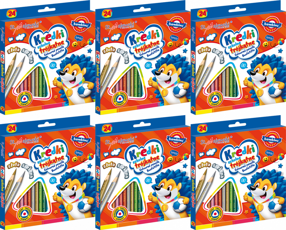 6x Kredki ołówkowe Bambino Zwierzaki Uczniaki, w oprawie drewnianej, trójkątne, 24 sztuki, mix kolorów