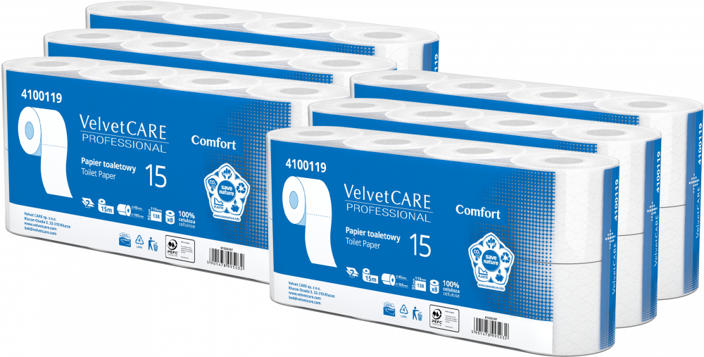 6x Papier toaletowy VelvetCARE Professional, 2-warstwowy, 15m, 8 rolek, biały
