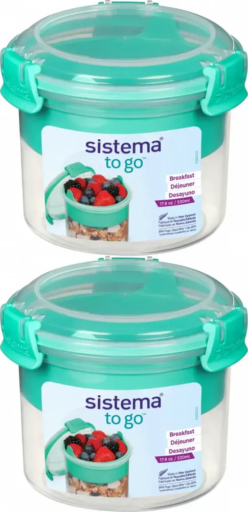 2x Lunchbox na śniadanie Sistema Breakfast To Go, z łyżeczką, 530ml, miętowy