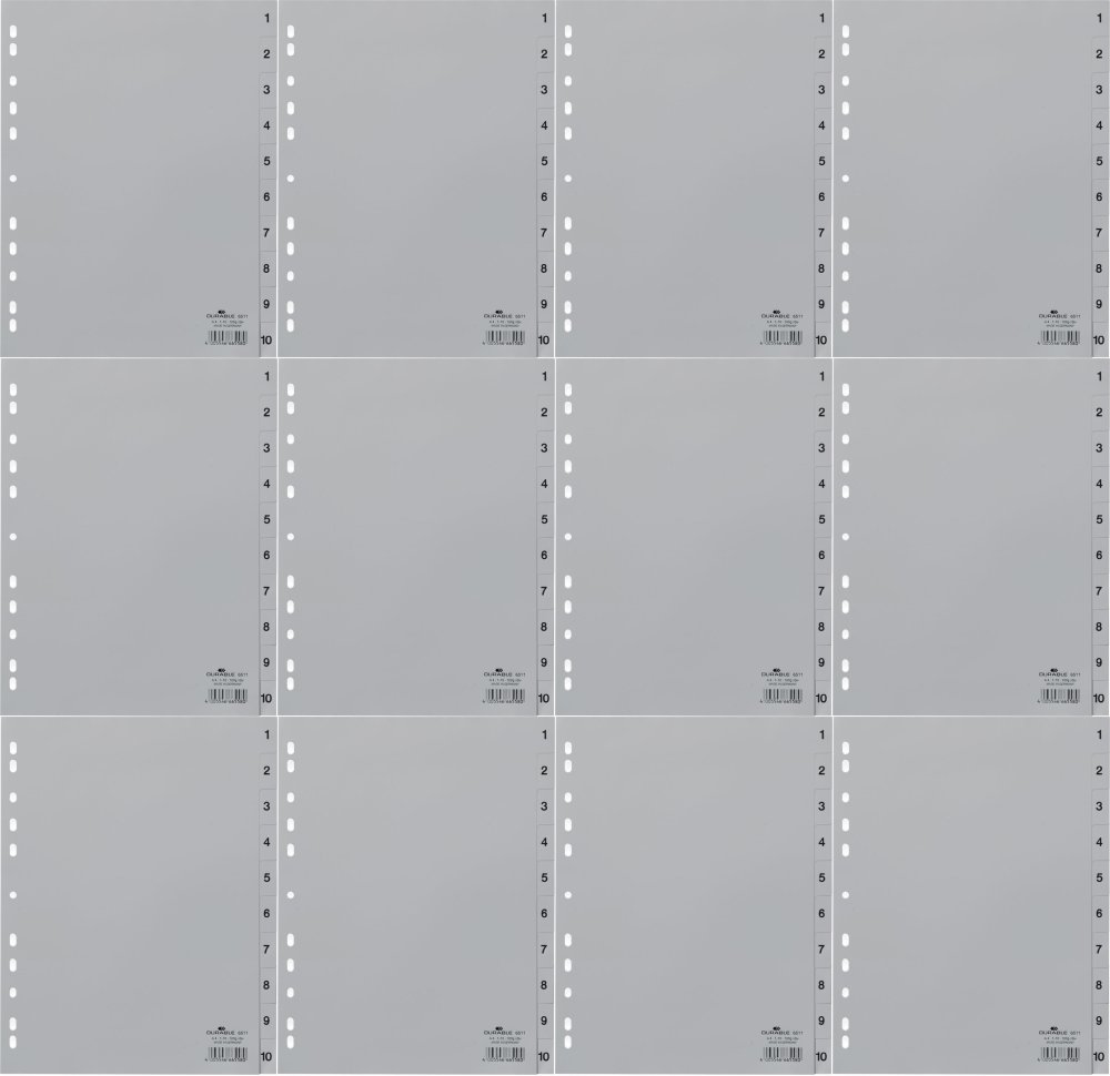 12x Przekładki do segregatora Durable, plastikowe, numeryczne, A4, 1-10 kart, szary