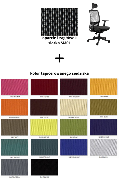 ANGGUN fotel biurowy czarny stelaż, siatka/tkanina lub skóra naturalna kolory (Siatka: SM01, Kolor siedziska: BL408)