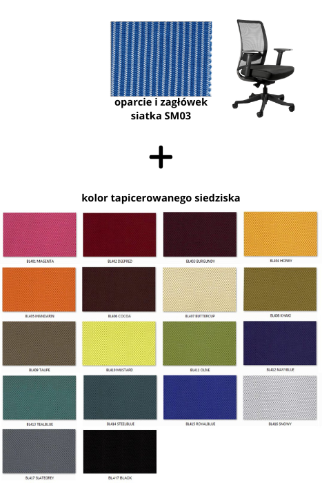 ANGGUN M fotel biurowy czarny stelaż, siatka, tkanina kolory (Kolor siedziska: BL406, Kolor siatki: niebieska SM03)