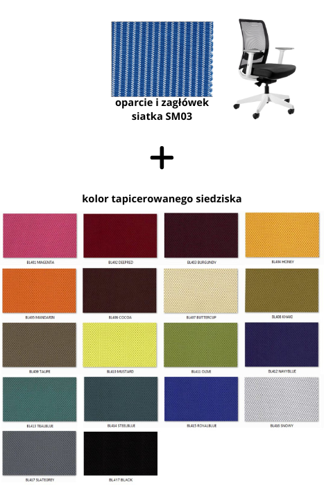 ANGGUN M fotel biurowy biały, siatka/tkanina lub skóra naturalna (Siatka: SM03, Kolor siedziska: BL418)
