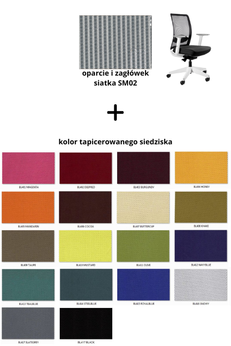 ANGGUN M fotel biurowy biały, siatka/tkanina lub skóra naturalna (Siatka: SM02, Kolor siedziska: BL406)