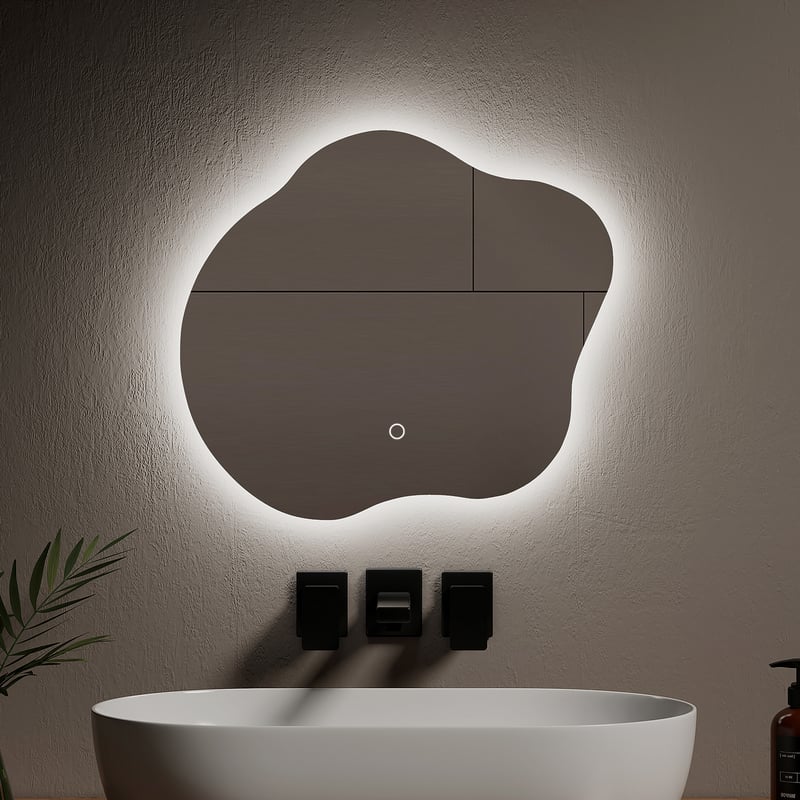 EMKE Lustro łazienkowe z oświetleniem LED 50x45 cm, z 3 barwy światła, możliwość ściemniania, przeciwmgielne, funkcja pamięci, bezramowe