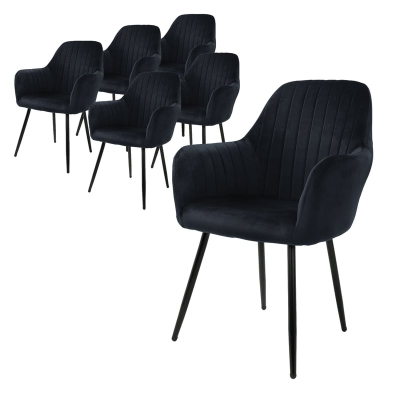 ML-Design zestaw 6 krzesel do jadalni z oparciem i podlokietnikami, czarne, krzesla kuchenne z aksamitnym obiciem, krzesla tapicerowane z metalowymi