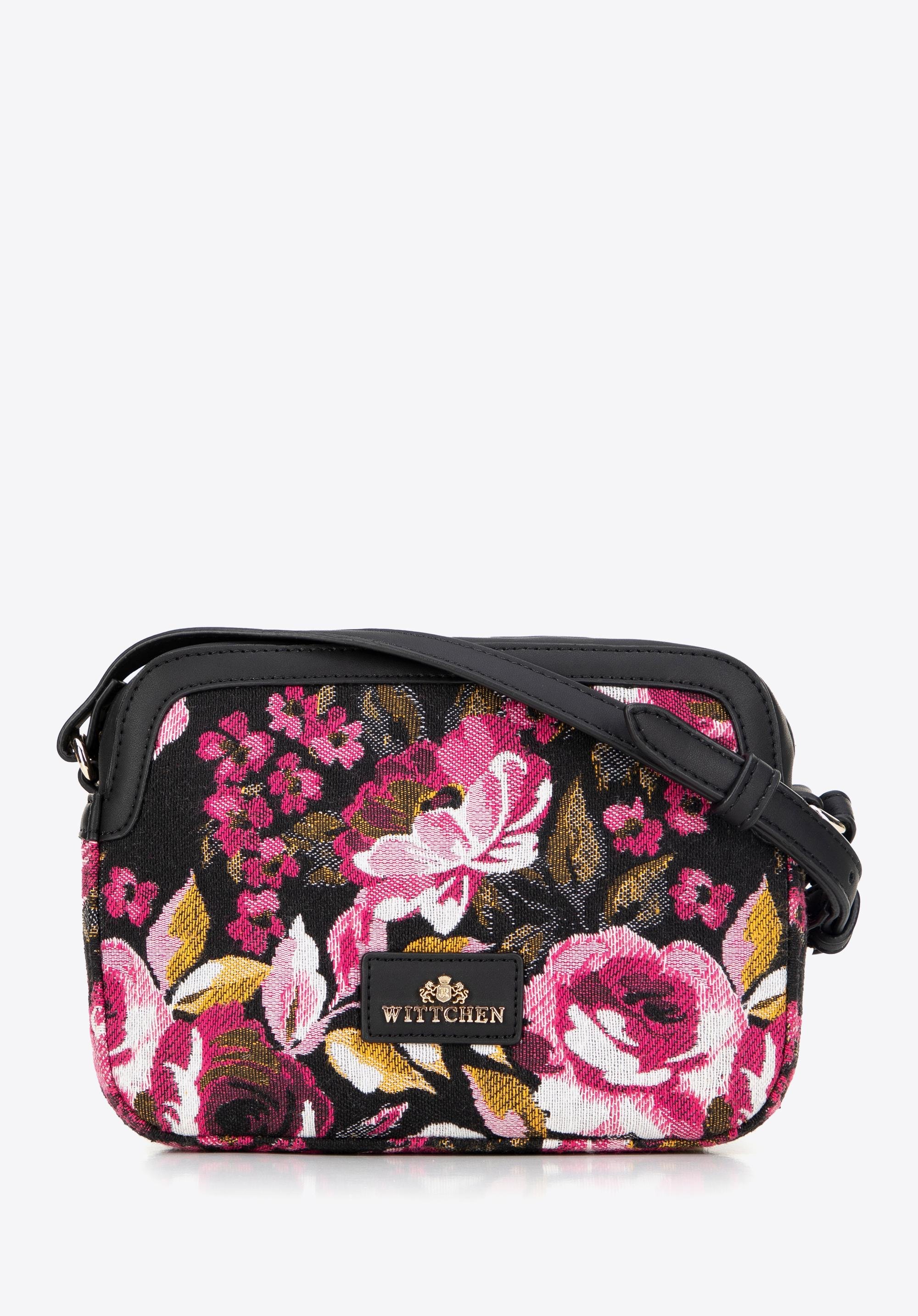 Damska crossbody z żakardu i ekoskóry czarno - różowa