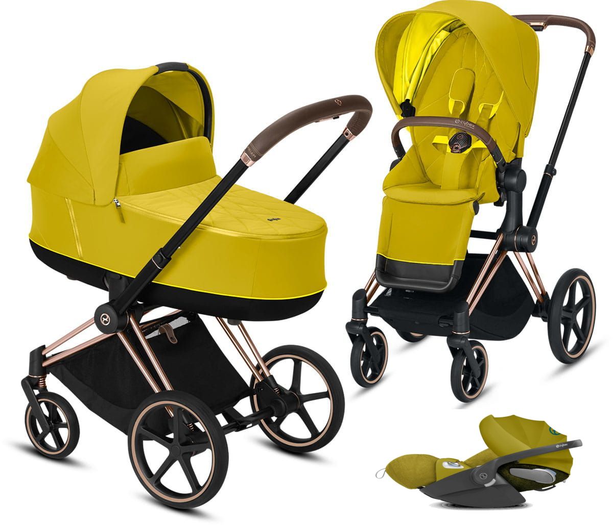 Cybex, Priam 2.0 + Cloud Z i-Size + dodatkowy Seat Pack - wózek głęboko-spacerowy z fotelikiem i dodatkową tapicerką gratis!!!-Mustard Yellow-Matt ...