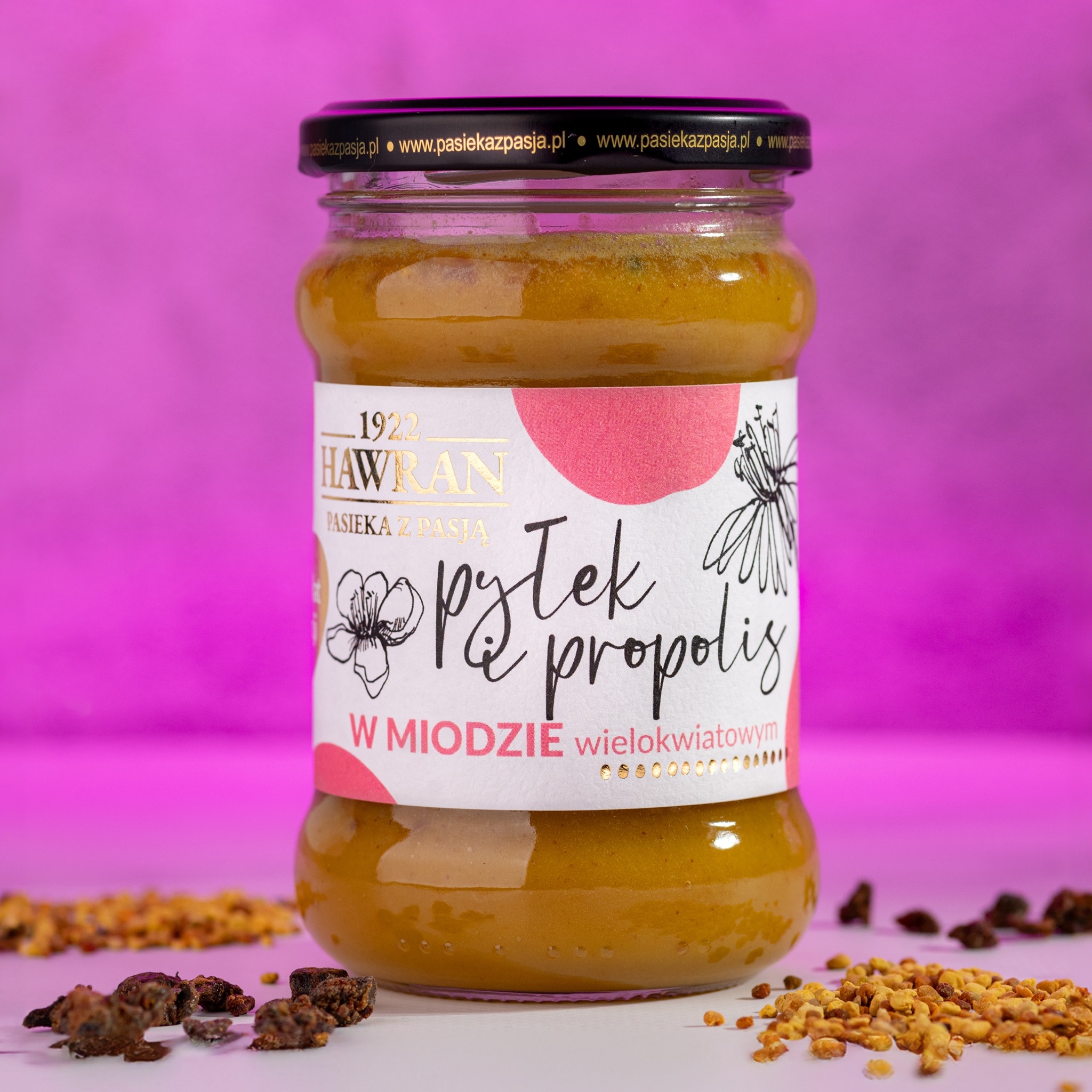 Pyłek i propolis w miodzie wielokwiatowym 370g - Pasieka z Pasją Hawran
