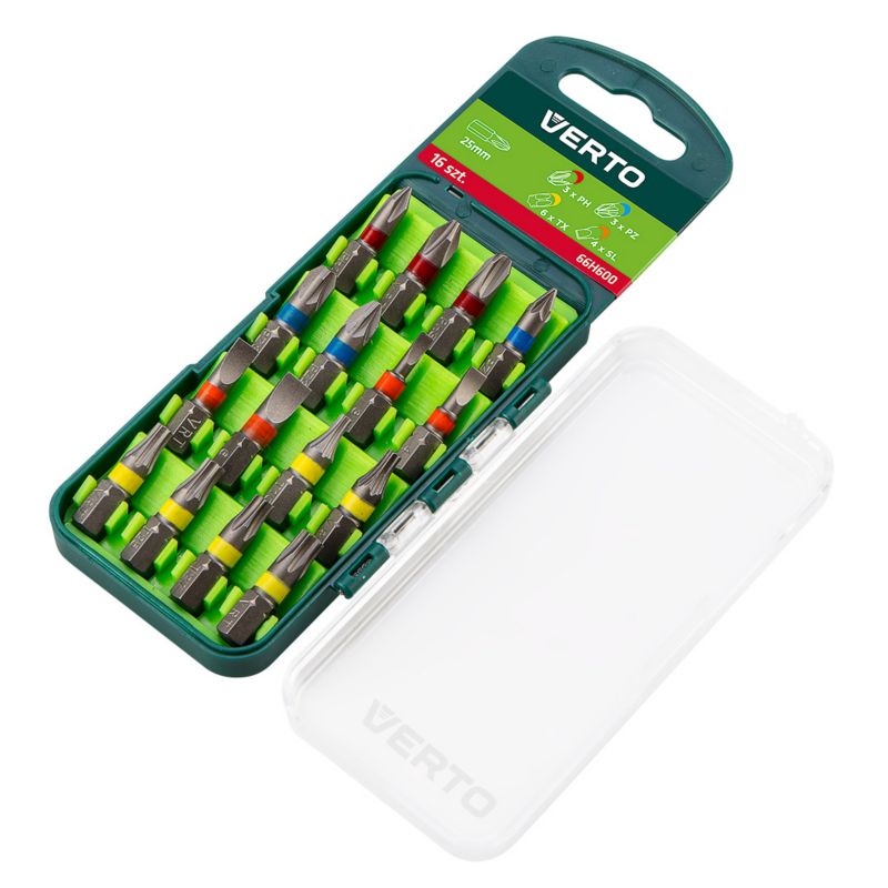 Końcówki wkrętakowe VERTO 16 szt., 25 mm - 3 x PH, 3 x PZ, 4 x SL, 6 x TX 1 kpl