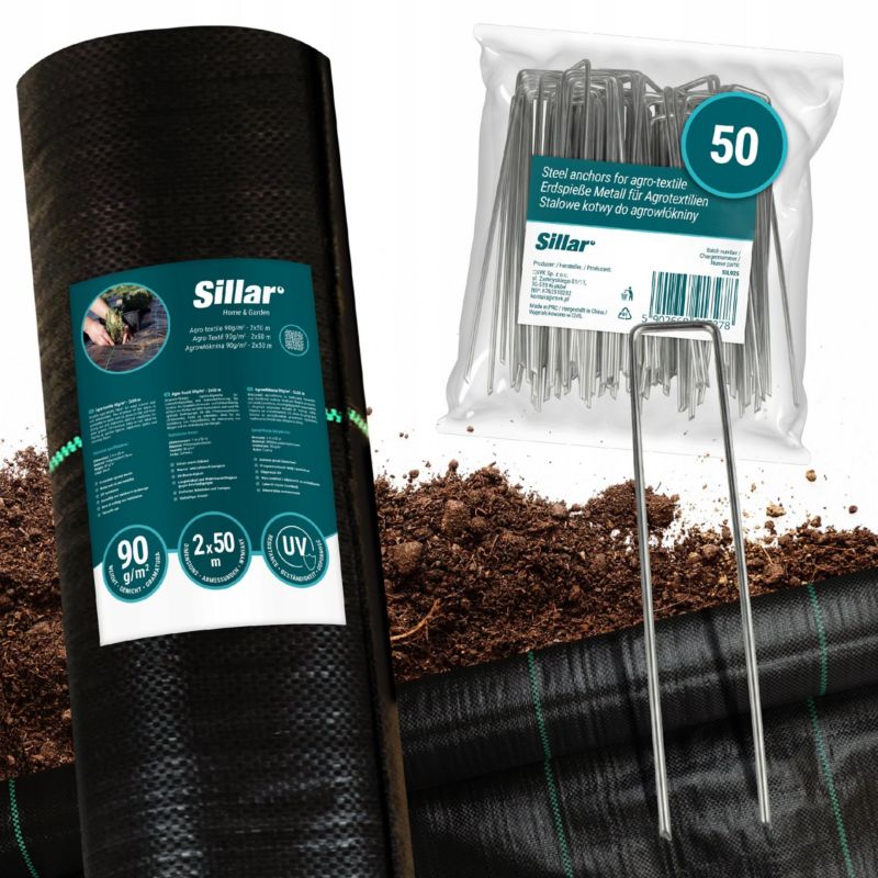 Agrotkanina, Sillar, antychwastowa, 90g/m2, 2x 50m + Kotwy gruntowe, stalowe, 15cm, 50szt, zestaw 2szt