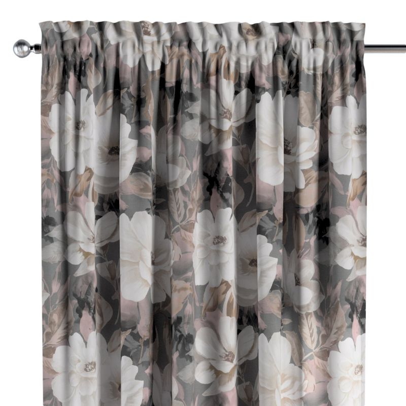 Zasłona na kanale z grzywką 1 szt. 130 x 260 cm Dekoria kremowe i różowe kwiaty na szarym tle 1 szt.