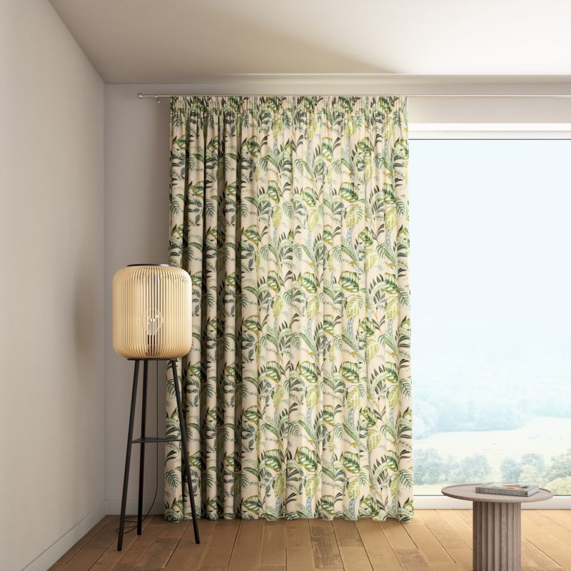 Zasłona na taśmie marszczącej 1 szt. 130 x 245 cm Dekoria oliwkowo-zielone liście na lnianym tle 1 szt.
