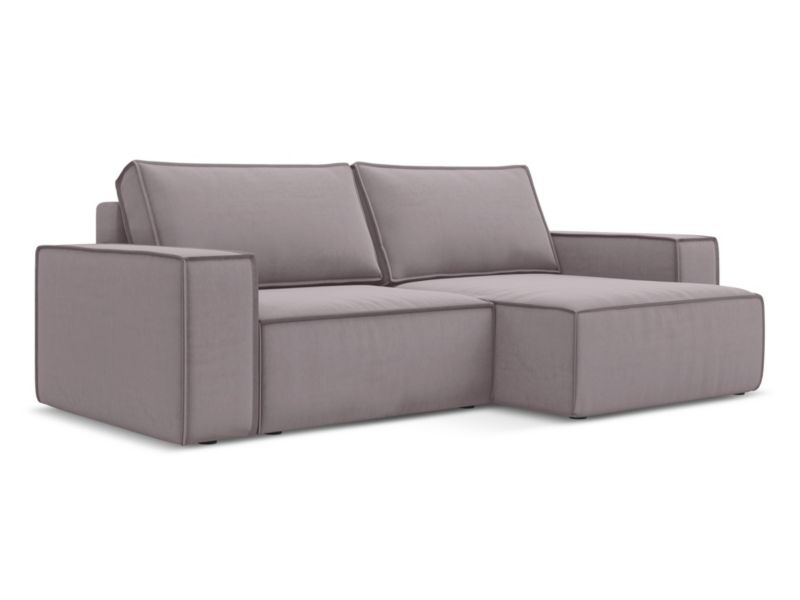 Narożnik prawostronny z funkcją spania Makamii Kimo z tkaniny welwetowej 257x148 cm lawendowy 1 szt.