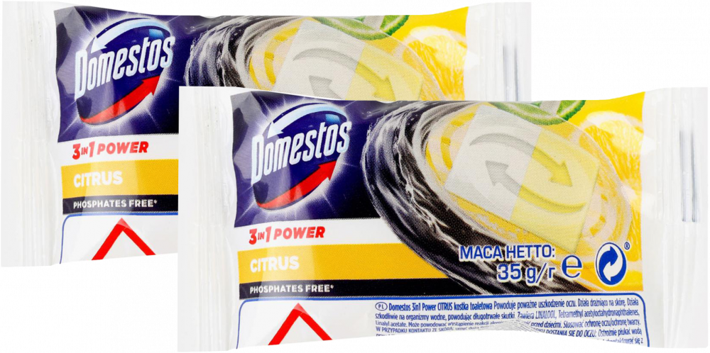 2x Kostka do WC Domestos, 3w1, zapas, cytrynowy, 35g