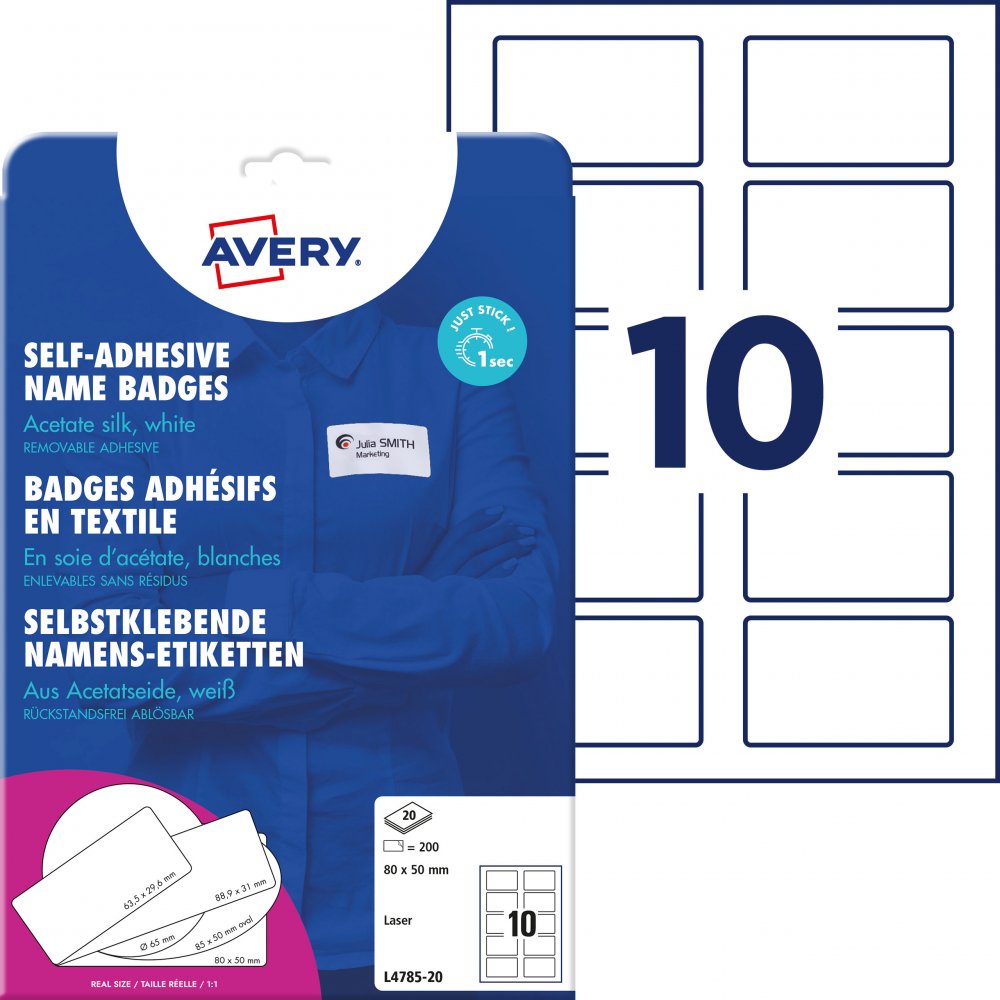 Identyfikator Avery Zweckform, samoprzylepny, 80x50mm, 20 arkuszy, biały