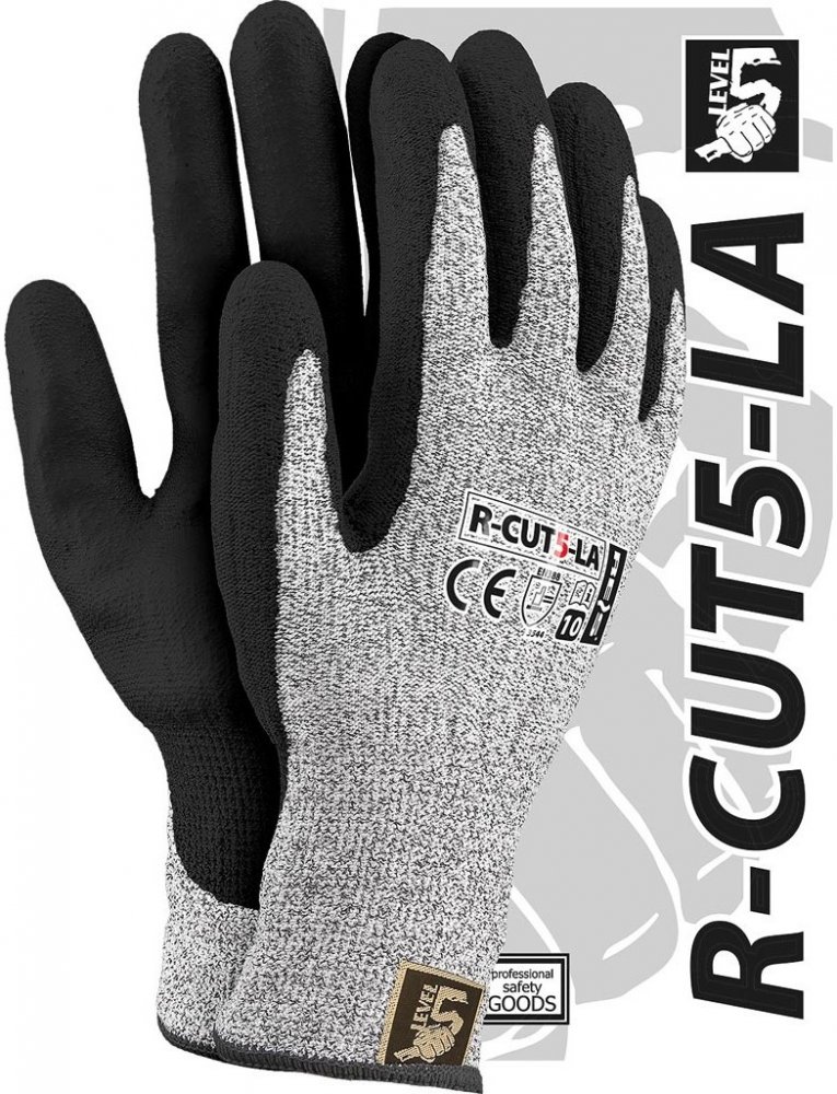 Rękawice robocze Reis R-CUT5-LA BWB, antyprzecięciowe, powlekane, rozmiar 10, czarno-szary