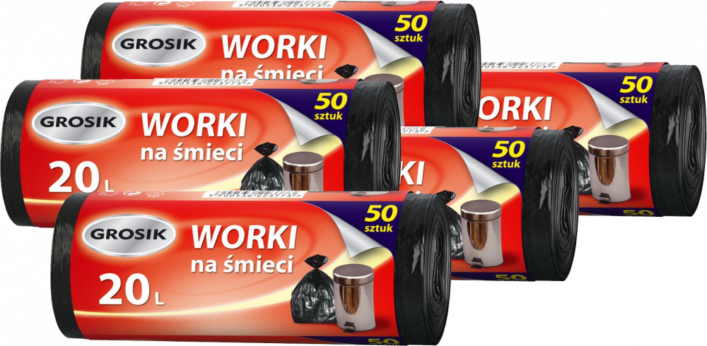 5x Worki na śmieci Grosik, na odpady zmieszane, 20l, 50 sztuk, czarny