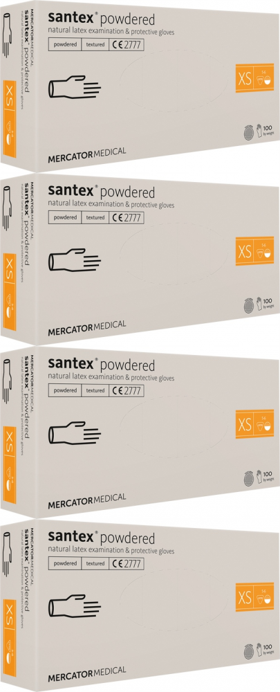 4x Rękawiczki jednorazowe lateksowe Santex, pudrowane, rozmiar XS, 100 sztuk, kremowy