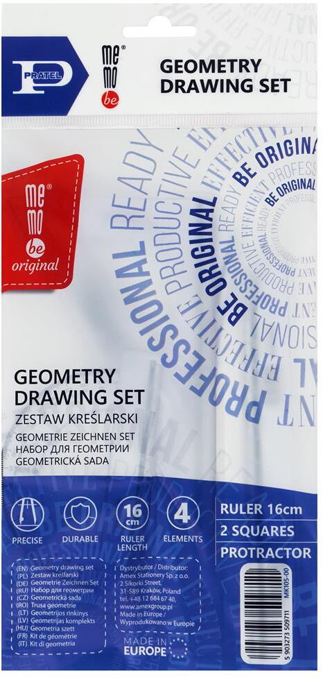 Zestaw kreślarski MemoBe by Pratel, z linijką 16cm, 4 elementy, transparentny