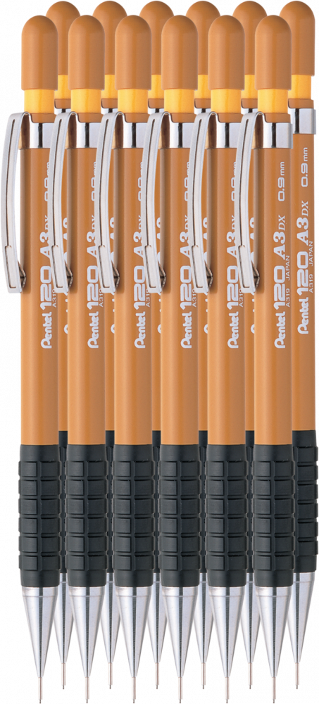 12x Ołówek automatyczny Pentel A300, 0.9mm, z gumką, żółty