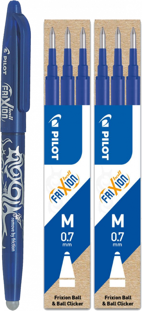Zestaw: Pióro kulkowe wymazywalne Pilot Frixion Ball, 0.7mm, niebieski + 2x Wkład do wymazywalnego pióra kulkowego Pilot, Frixion, 0.7mm, 3 sztuki, 