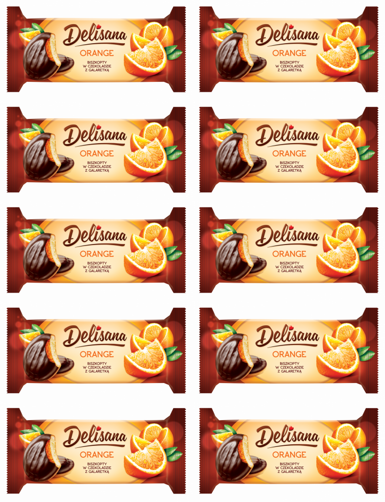 10x Biszkopty w czekoladzie Delicpol Delisana, z galaretką pomarańczową, 135g