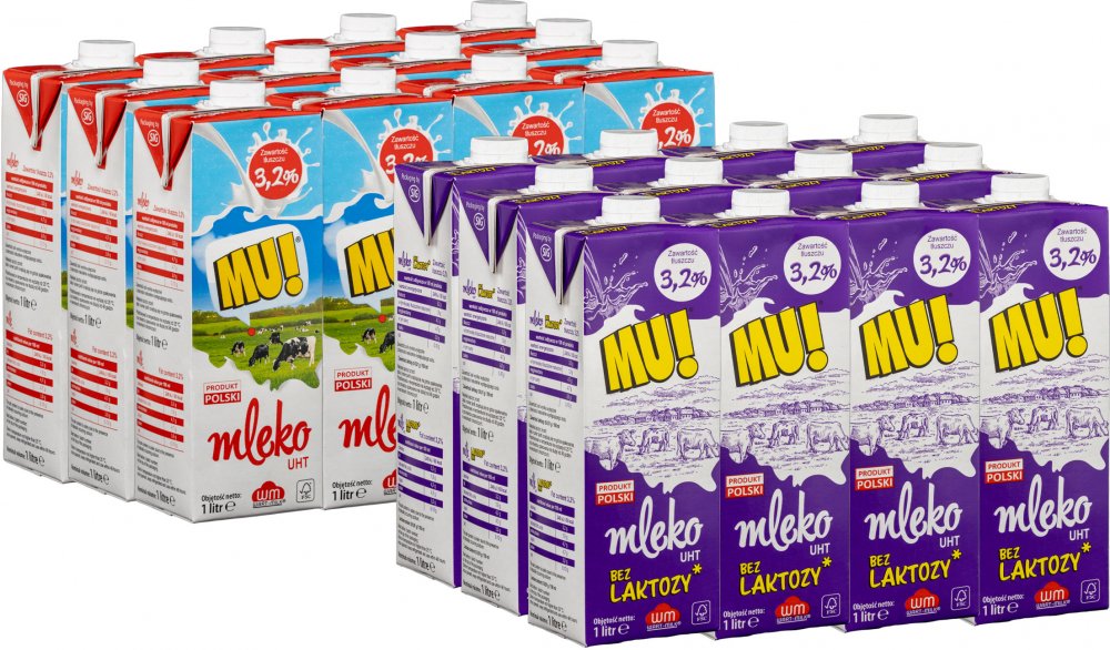 Zestaw: 12x Mleko UHT Wart-Milk MU!, 3.2%, 1l + 12x Mleko UHT Wart-Milk MU!, bez laktozy, 3.2%, 1l