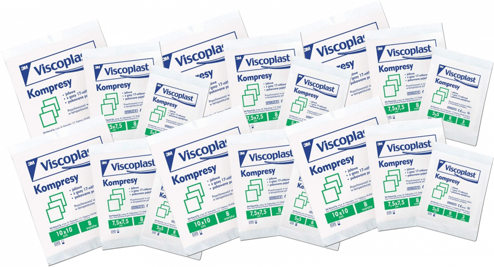 20x Jałowe kompresy gazowe Viscoplast, bawełniane, 17-nitkowe, 8 warstw, 7.5x7.5cm, 3 sztuki