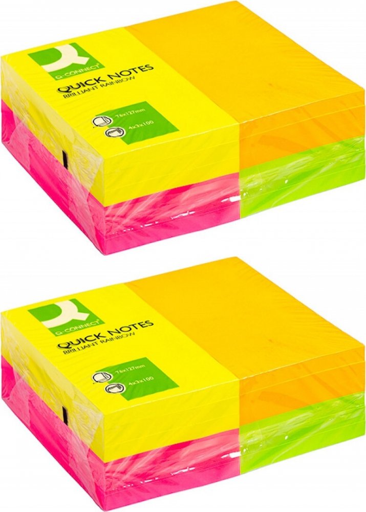 2x Karteczki samoprzylepne Q-connect Rainbow, 127x76mm, 4x3x100 karteczek, mix kolorów neonowych