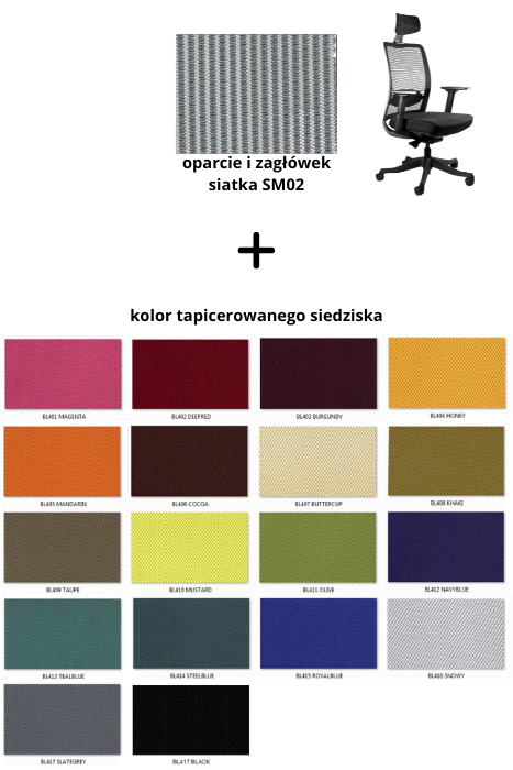 ANGGUN fotel biurowy biały, siatka/tkanina lub skóra naturalna kolory (Siatka: SM02, Kolor siedziska: BL413)
