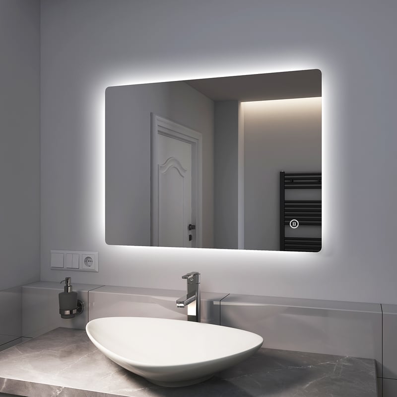 EMKE Lustro łazienkowe z oświetleniem LED 80x60 cm, z 6500K, możliwość ściemniania, przeciwmgielne, funkcja pamięci, IP44, bezramowe