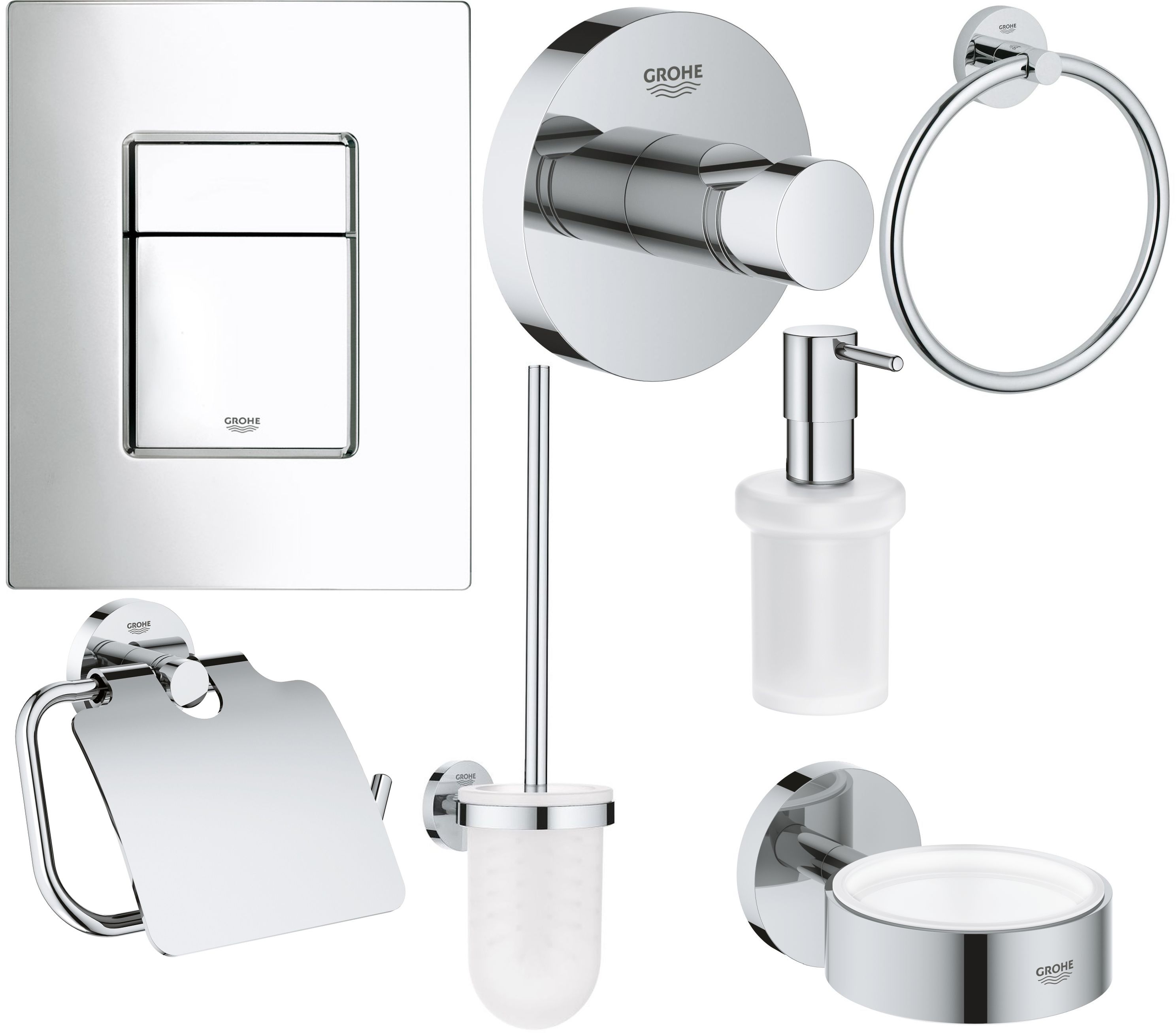 Zestaw Grohe Skate Cosmopolitan przycisk spłukujący z zestawem akcesoriów Essentials chrom (38732000, 40367001, 40374001, 40365001, ...