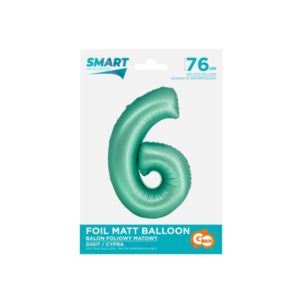 Balon foliowy Smart, Cyfra 6, miętowa matowa, 76 cm
