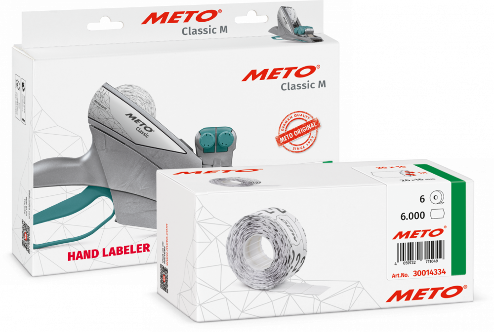 Zestaw: Metkownica Meto Classic M 2026 - EE + etykiety cenowe w rolce, 26x16 mm, 1000 sztuk, 6 rolek, biały