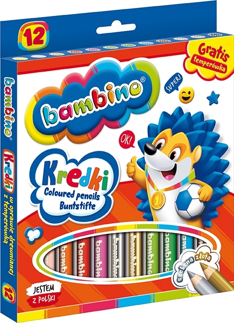 Kredki Bambino Zwierzaki Uczniaki, w oprawie drewnianej, 12 sztuk + temperówka, mix kolorów