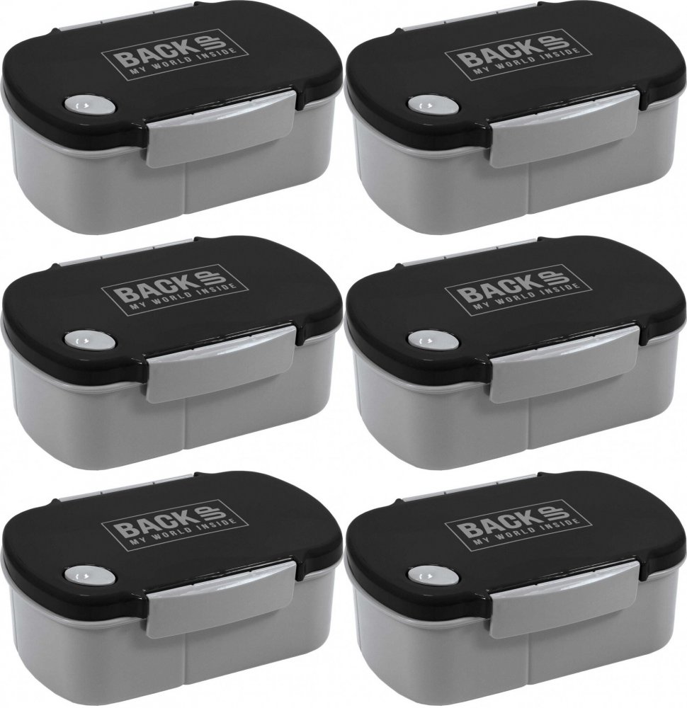 6x Lunchbox BackUP 5, bez BPA, 3 komory, 17x11x7cm, czarno-szary