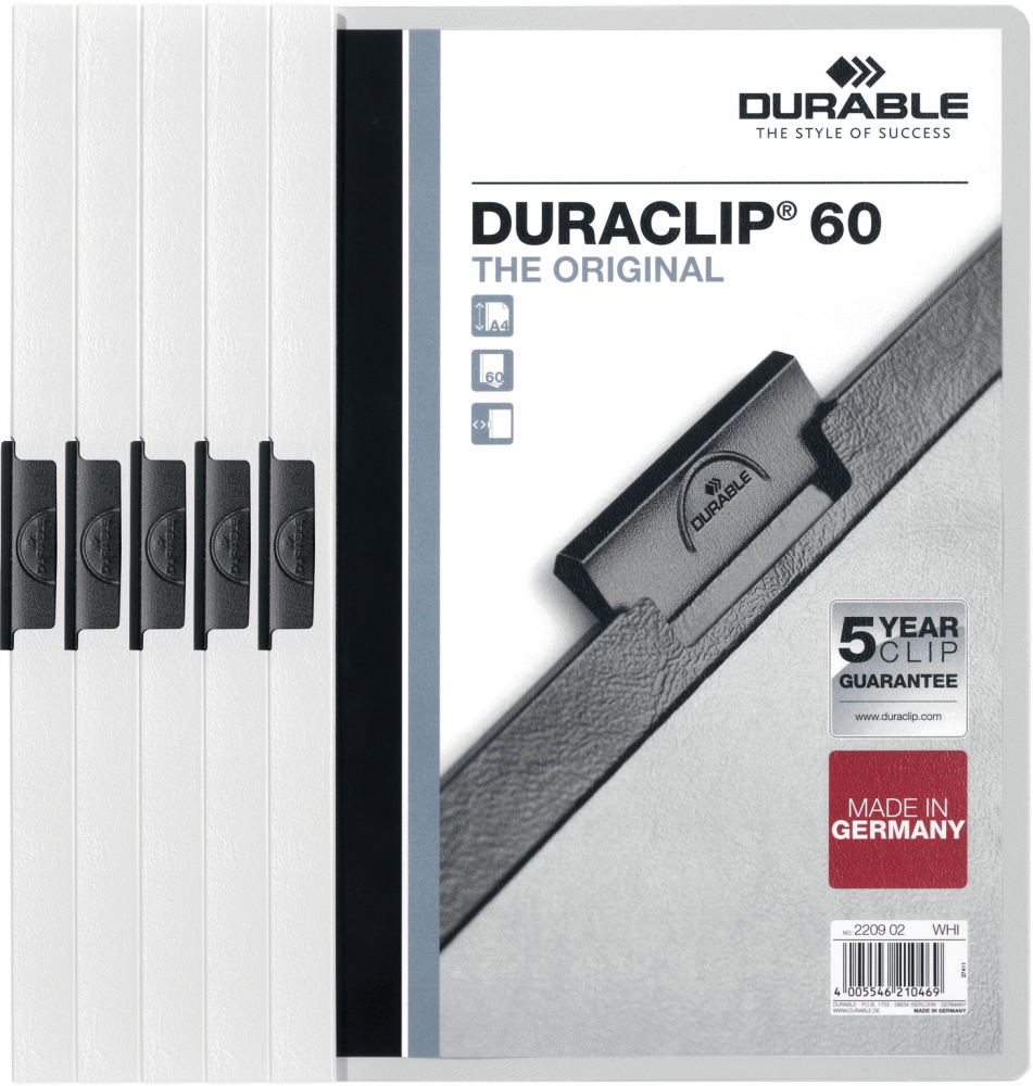 5x Skoroszyt plastikowy z klipsem Durable DuraClip, A4, do 60 kartek, biały