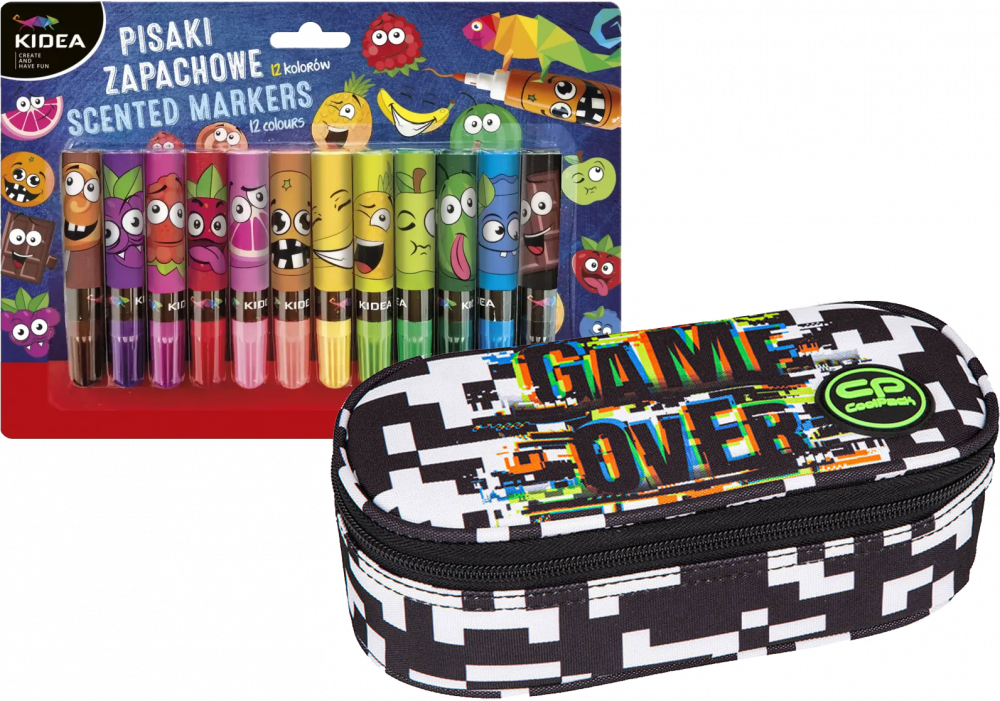 Zestaw: Pisaki zapachowe Kidea, 12 sztuk + Piórnik saszetka CoolPack Campus Game Over