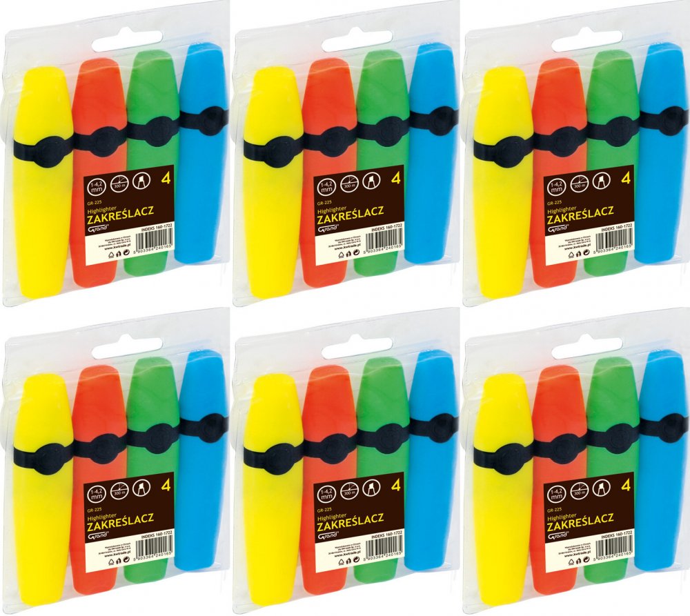 6x Zakreślacz Grand, GR-225, ścięta, 4 sztuki, mix kolorów