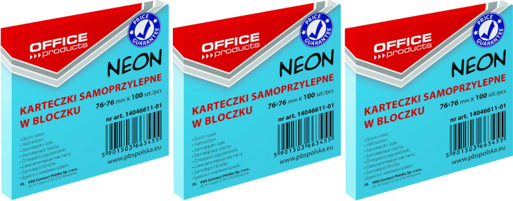 3x karteczki samoprzylepne Office Products, 76x76mm, 100 karteczek, neonowy niebieski