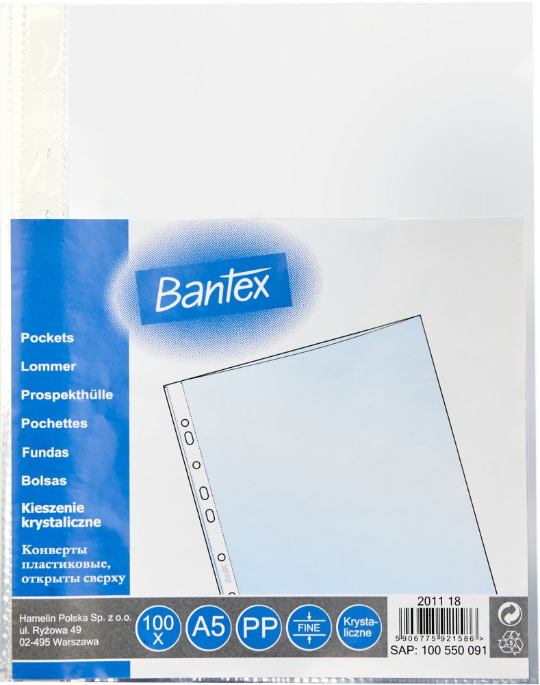 Koszulki krystaliczne Bantex, A5, 45μm, 100 sztuk, transparentny