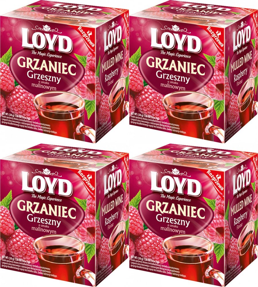 4x Herbata czarna aromatyzowana w kopertach Loyd Grzaniec Grzeszny, malinowy, 10 sztuk x 3g