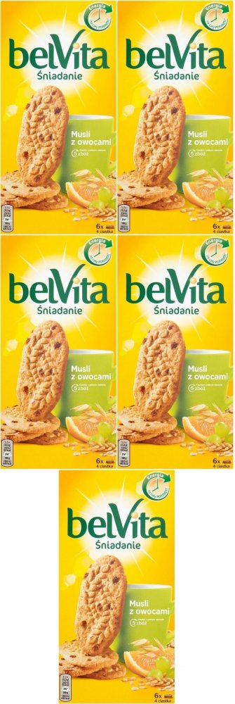 5x Ciastka zbożowe BelVita, musli z owocami, 300g