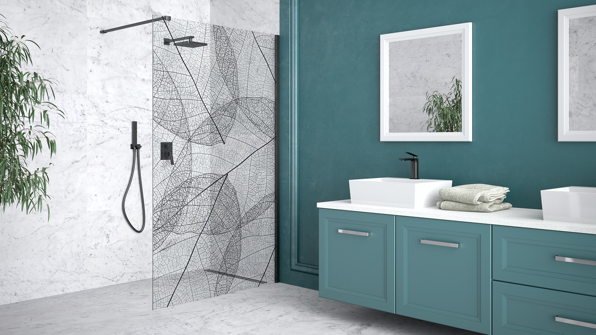 Besco Leafy Walk-In ścianka prysznicowa 110 cm czarny mat/szkło przezroczyste z motywem LF-110-200C
