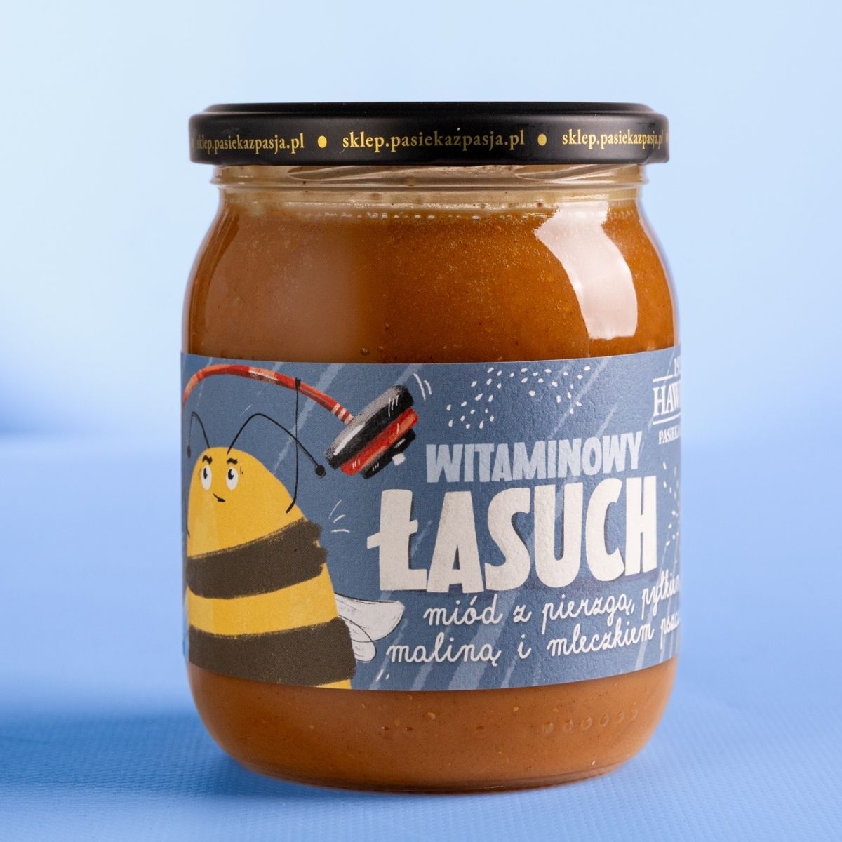 Witaminowy łasuch - miód dla dzieci z mleczkiem pszczelim, pierzgą, maliną i pyłkiem 630g - Pasieka z Pasją Hawran