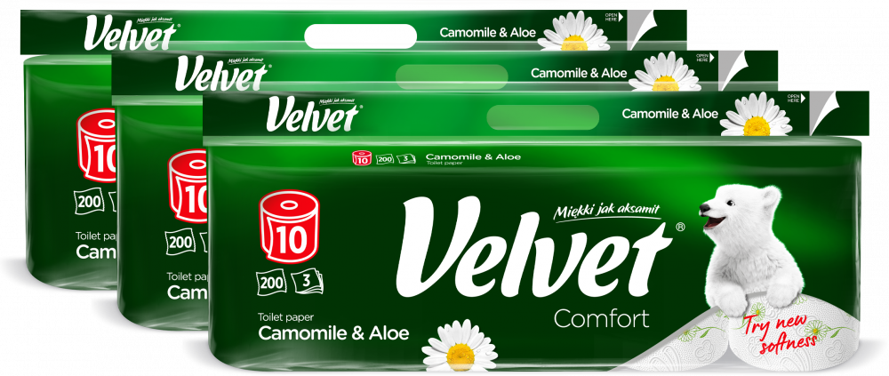 3x Papier toaletowy Velvet Comfort Camomile & Aloe, 3-warstwowy, 10 rolek, 25m, biały