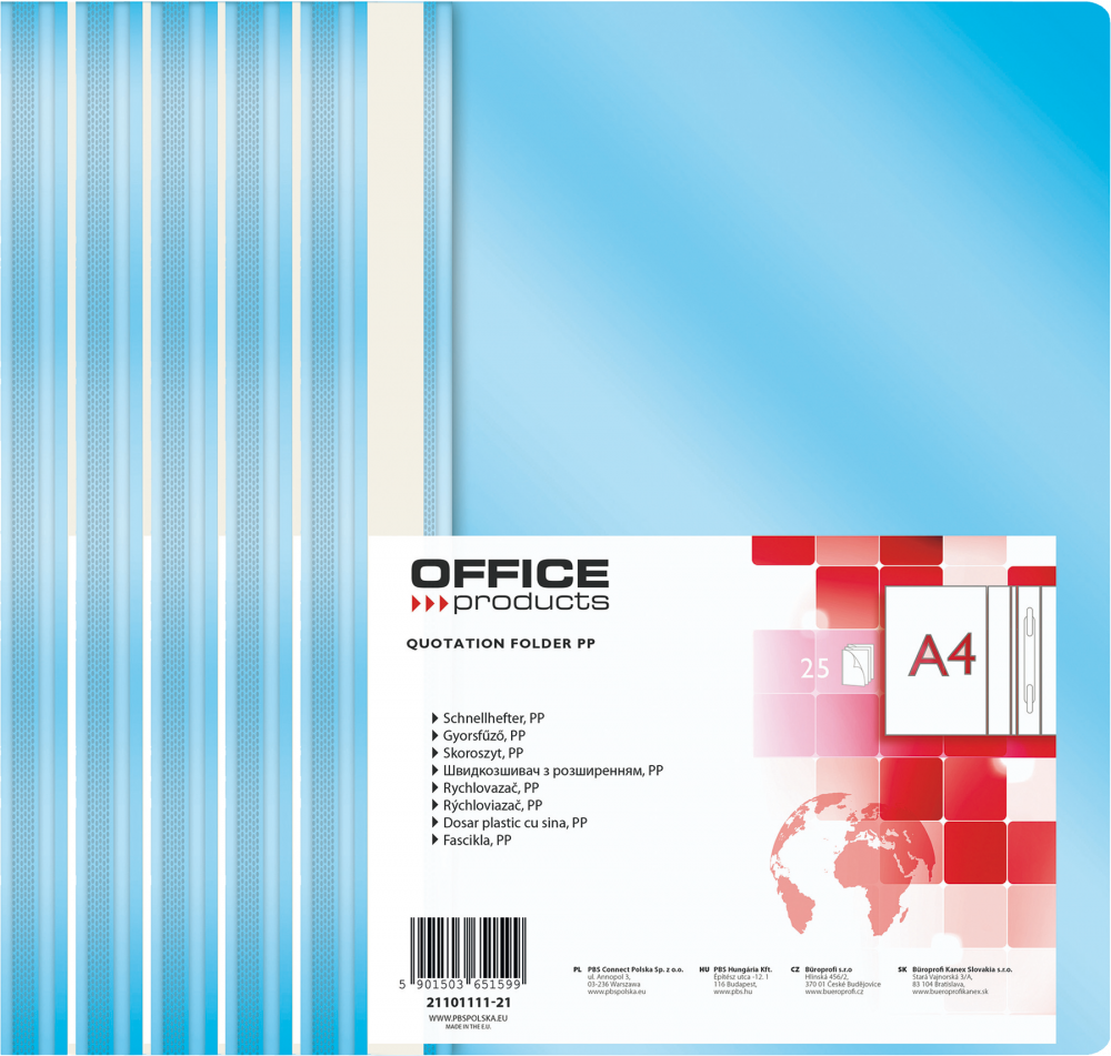 5x skoroszyt plastikowy bez oczek Office Products, A4, do 200 kartek, jasnoniebieski