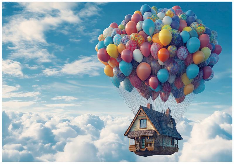 Fototapeta Dla Dziewczynki Dzieci Bajkowy Dom Niebo Balony WALLARENA 300x210 cm Tapeta Do Pokoju Dziecięcego 1 szt.